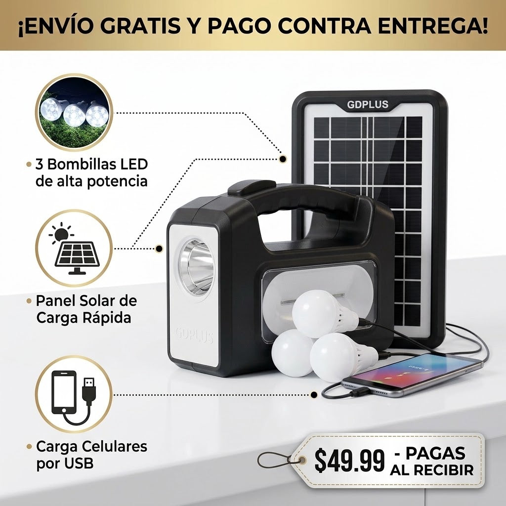 Kit Recargable Solar Portátil – 3 Lámparas LED + Carga USB